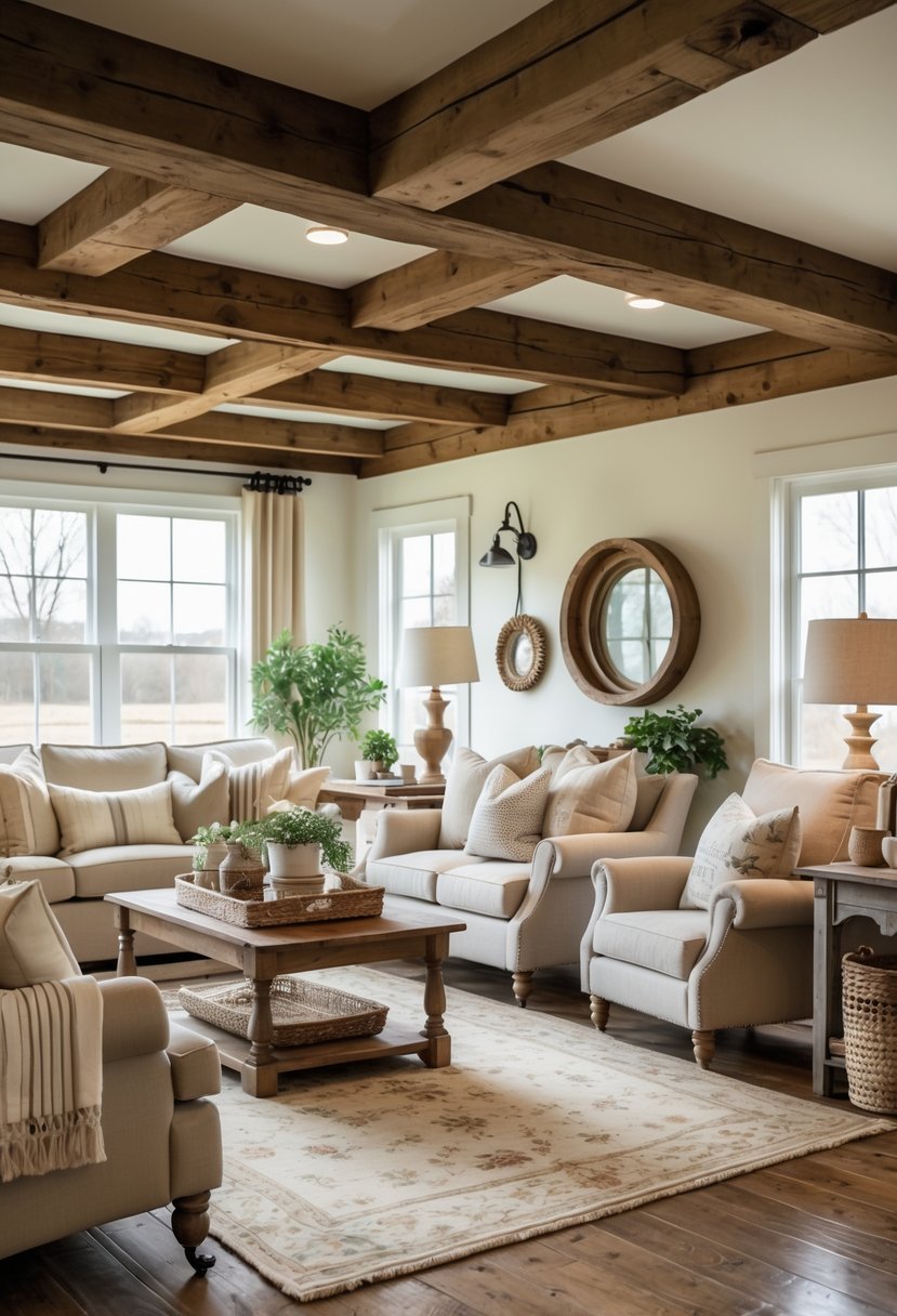 A cozy living room with exposed wooden ceiling beams, comfortable seating, wooden floor, and decorative plants.