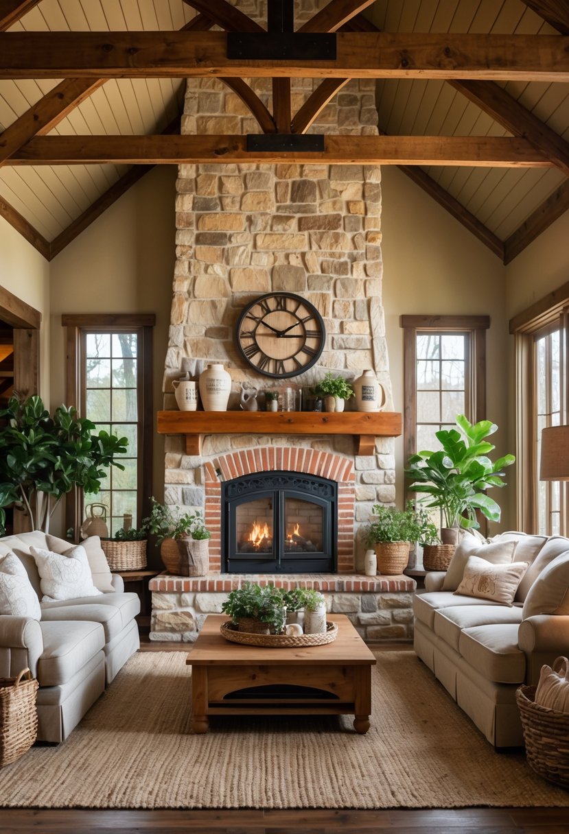 A living room with a central stone and brick fireplace surrounded by sofas and wooden beams on the ceiling.
