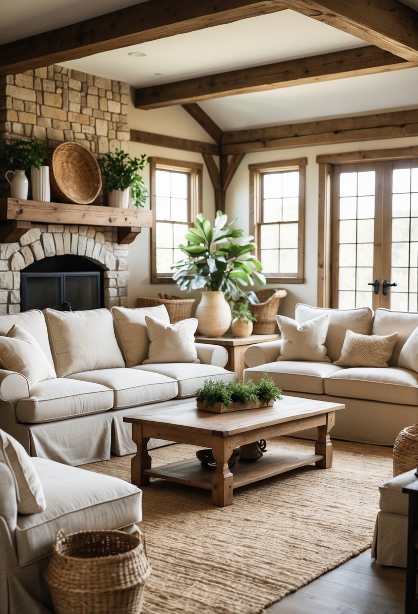 A cozy living room with slipcovered sofas, a wooden coffee table, and warm natural lighting.