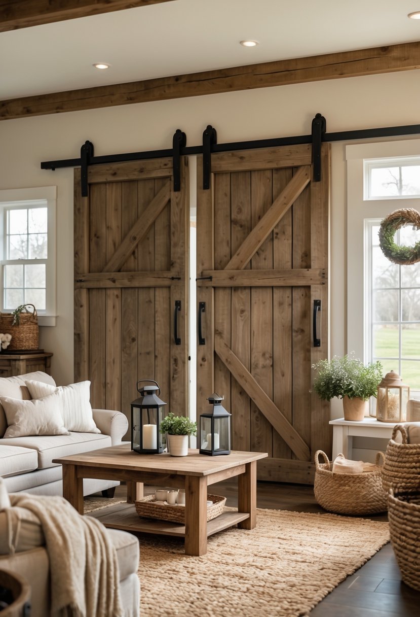 A warm living room with wooden barn doors, a comfortable sofa, coffee table, and rustic decor.