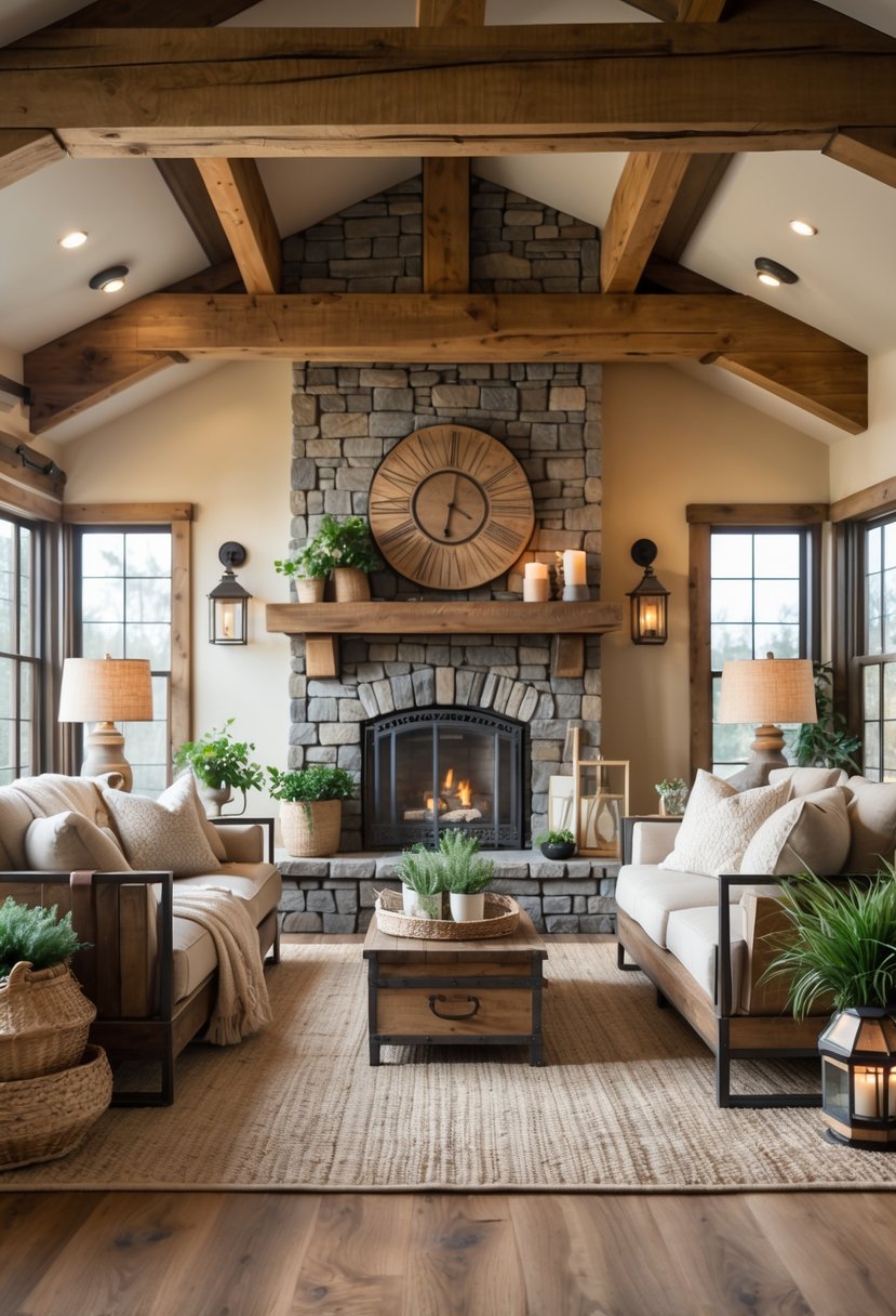 A cozy living room with wooden beams, a stone fireplace, rustic wooden furniture, and warm natural lighting.