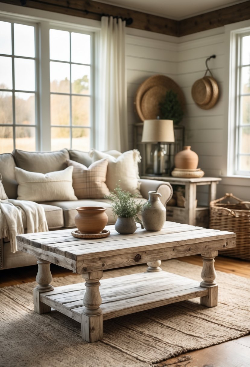 A cozy living room with weathered wooden coffee tables, comfortable seating, and natural light.