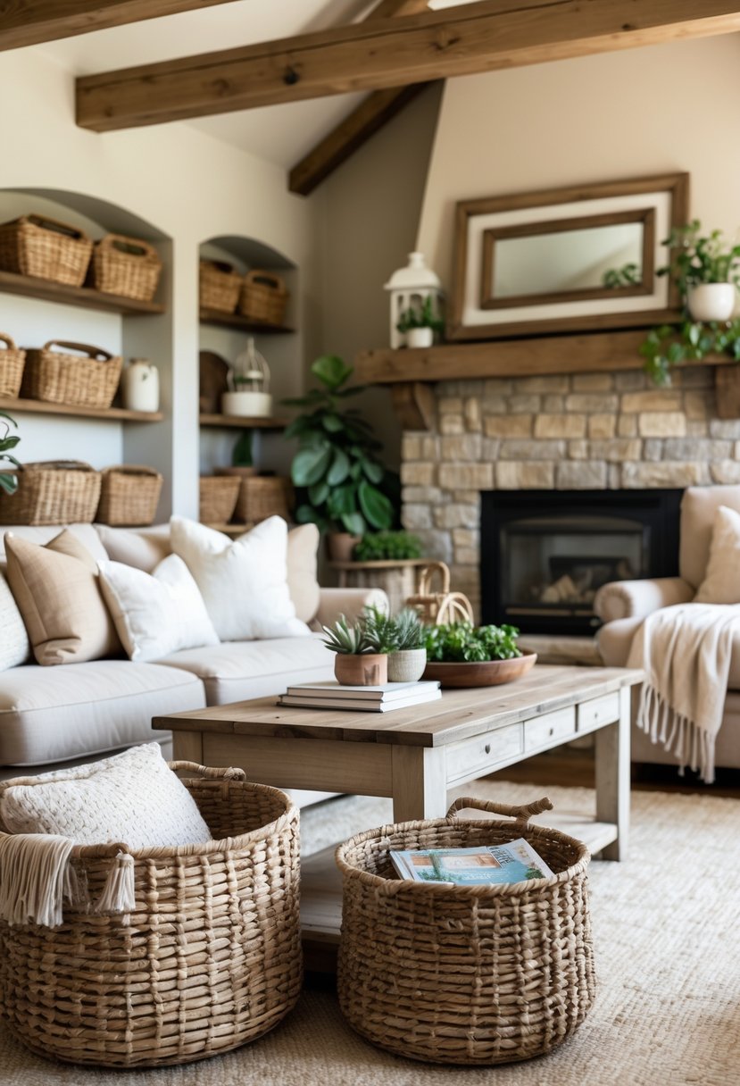 A cozy living room with woven baskets used for storage, warm lighting, comfortable seating, and rustic wooden furniture.