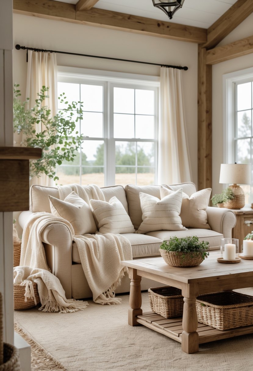 A cozy living room with a sofa covered in soft throws and cushions, wooden furniture, and natural light.
