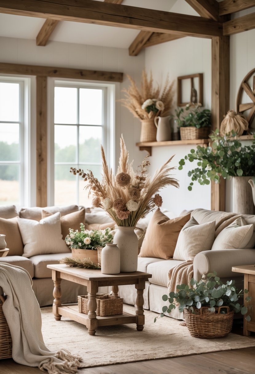 A warm living room with wooden furniture, dried flowers, and green plants arranged around cozy seating.