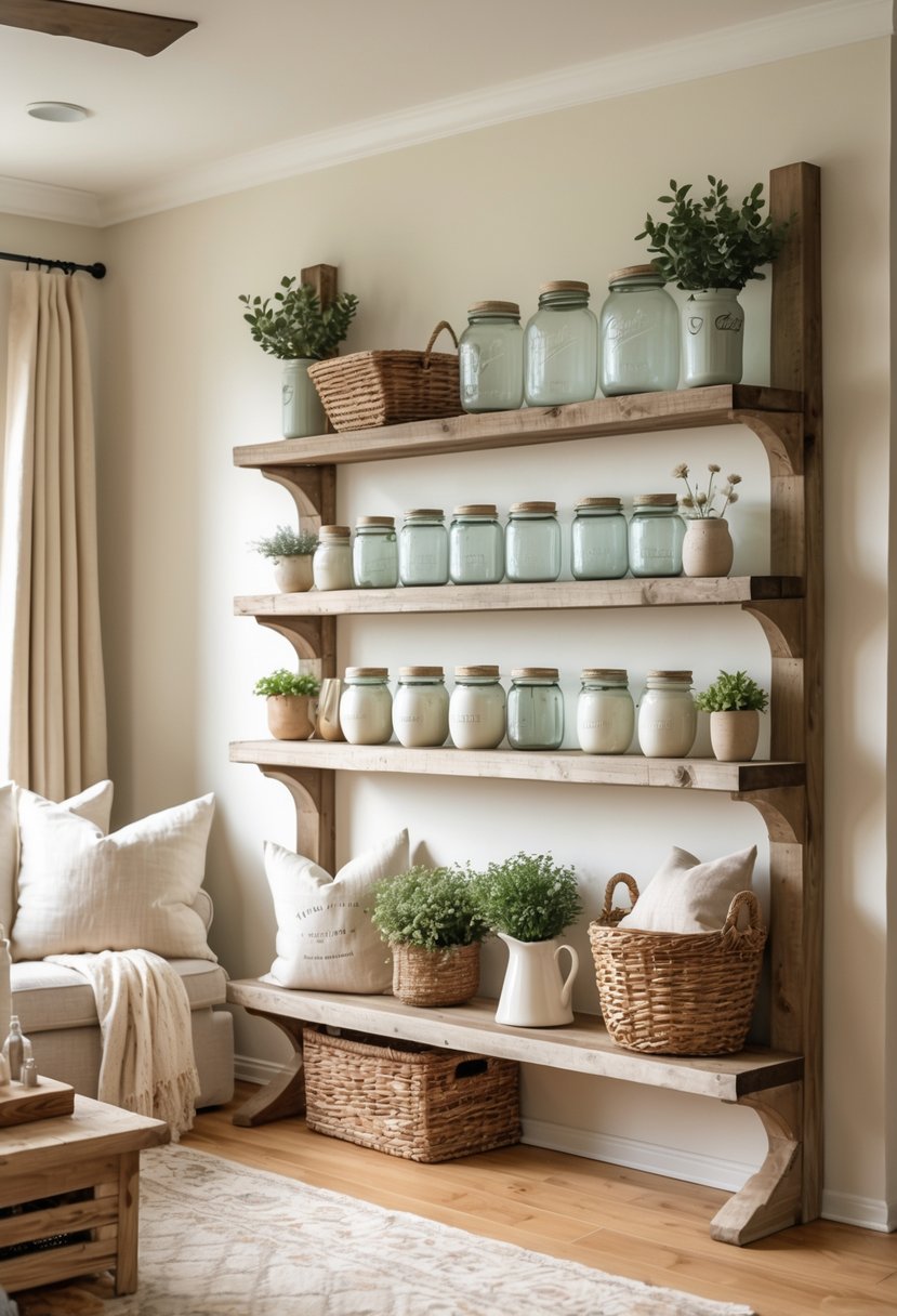 A cozy living room with rustic wooden shelves decorated with farmhouse items and warm natural lighting.