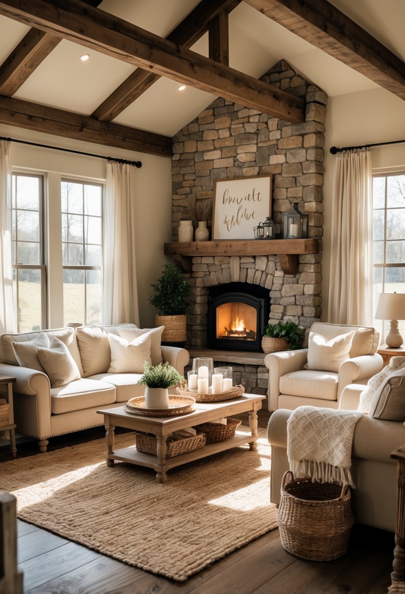 A cozy farmhouse living room with wooden beams, a stone fireplace, comfortable sofas, and sunlight streaming through large windows.