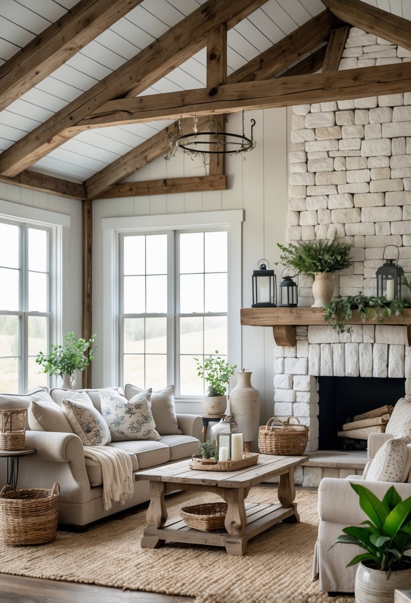 A cozy living room with wooden beams, a stone fireplace, a sofa, and rustic decor.