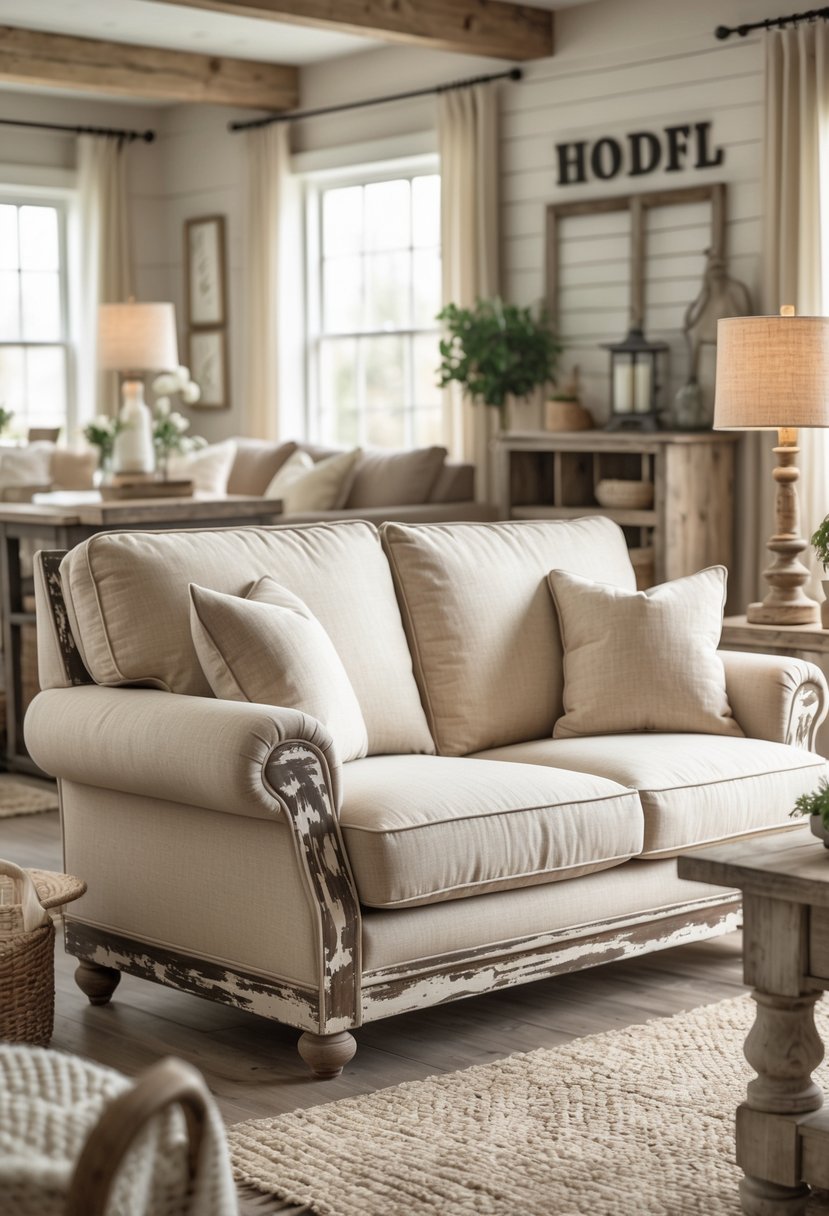 A beige linen sofa with wooden accents in a living room with rustic furniture and warm lighting.