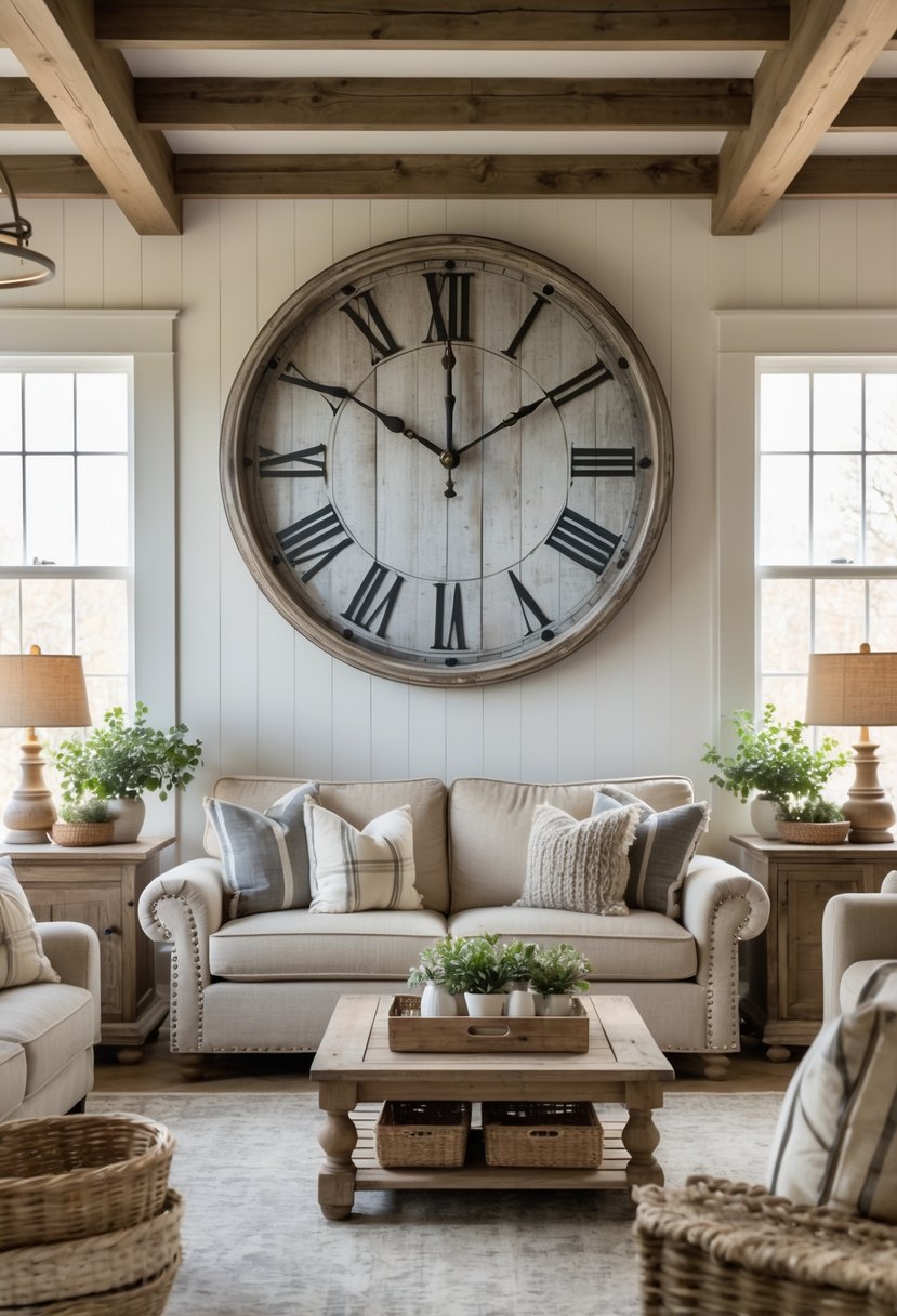 A living room with a large wall clock above a sofa, featuring wooden beams, natural light, and cozy furniture.