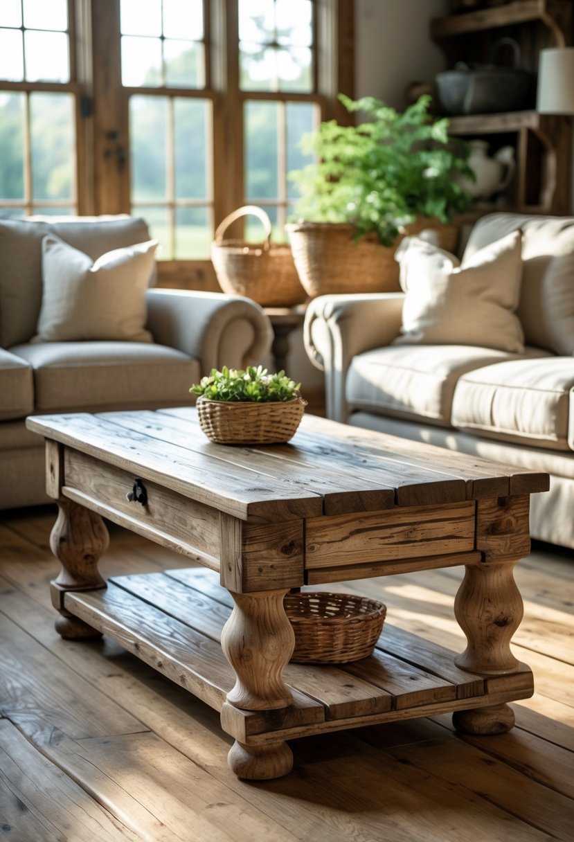 A wooden coffee table with a weathered finish in a living room with seating and natural light.