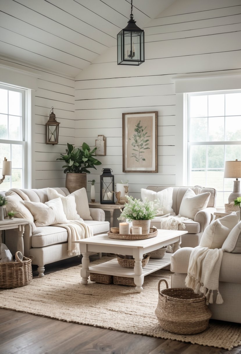 A living room with a white shiplap wall, comfortable seating, wooden furniture, and natural light.
