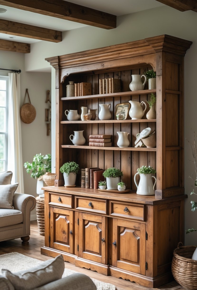 An antique wooden hutch filled with vintage decor items in a living room.