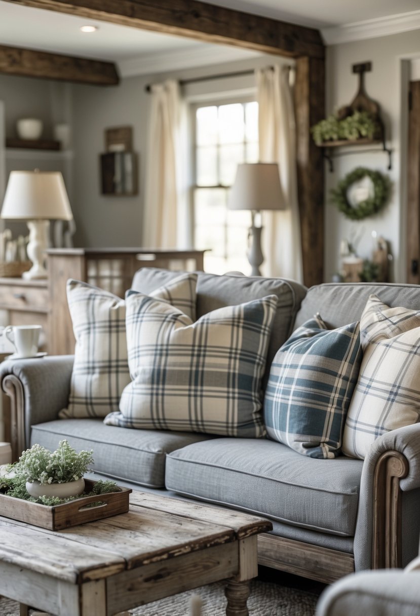 A cozy living room with plaid throw pillows on a sofa and rustic wooden furniture.