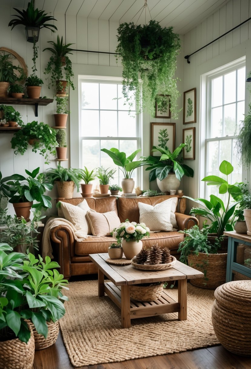 A cozy living room with vintage farmhouse furniture and various green plants arranged throughout the space.