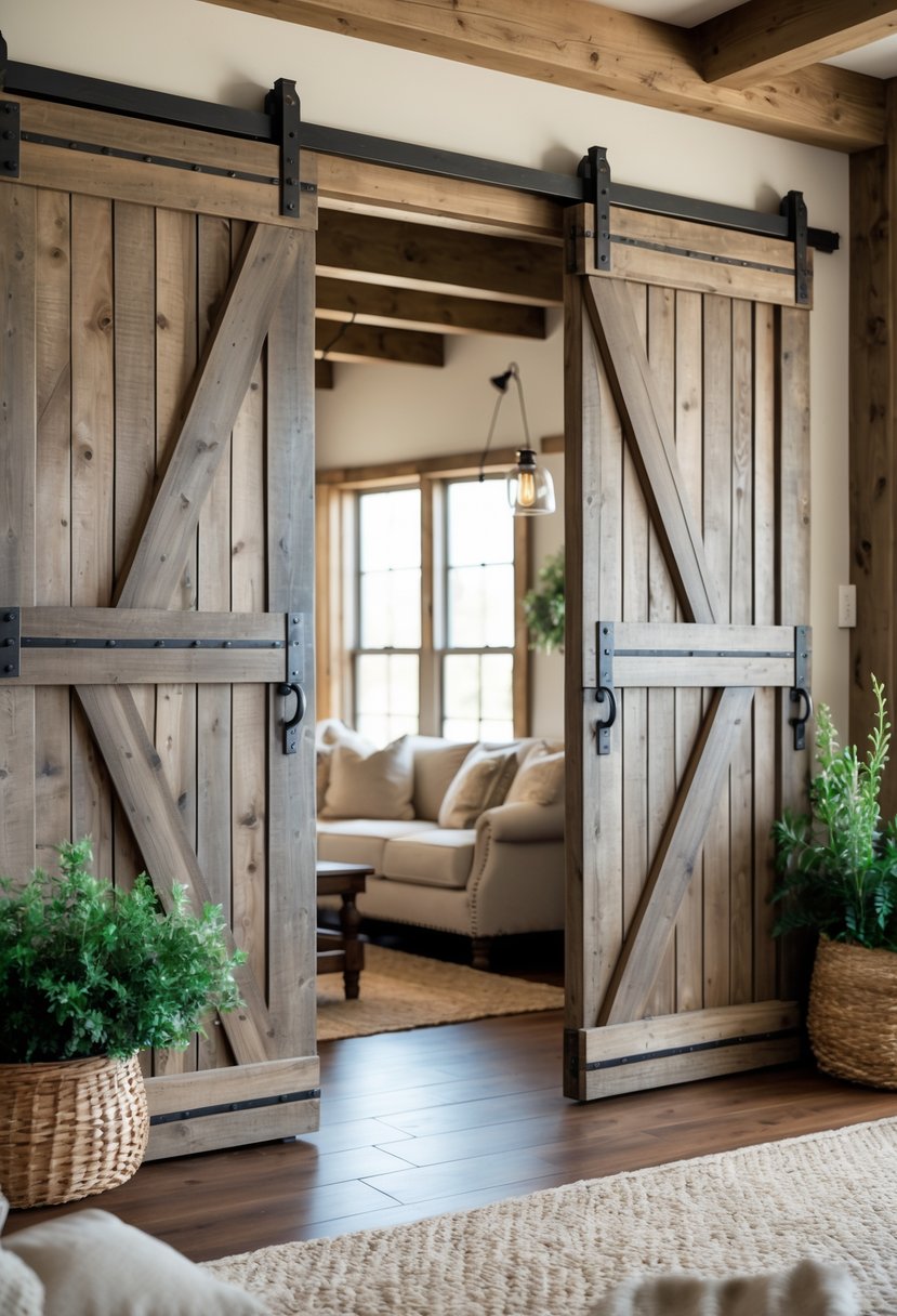 Living room with rustic wooden barn doors used as room dividers, showing a cozy seating area and warm natural light.