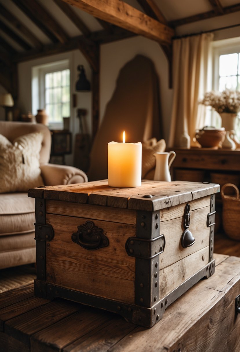 A softly glowing candle on a vintage wooden chest in a cozy farmhouse living room.