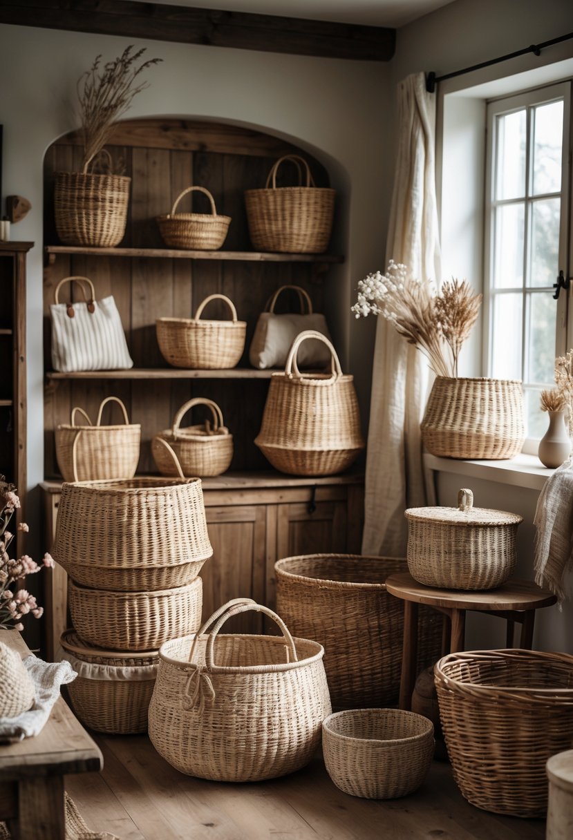 A collection of woven baskets displayed in a farmhouse living room with wooden furniture and natural light.