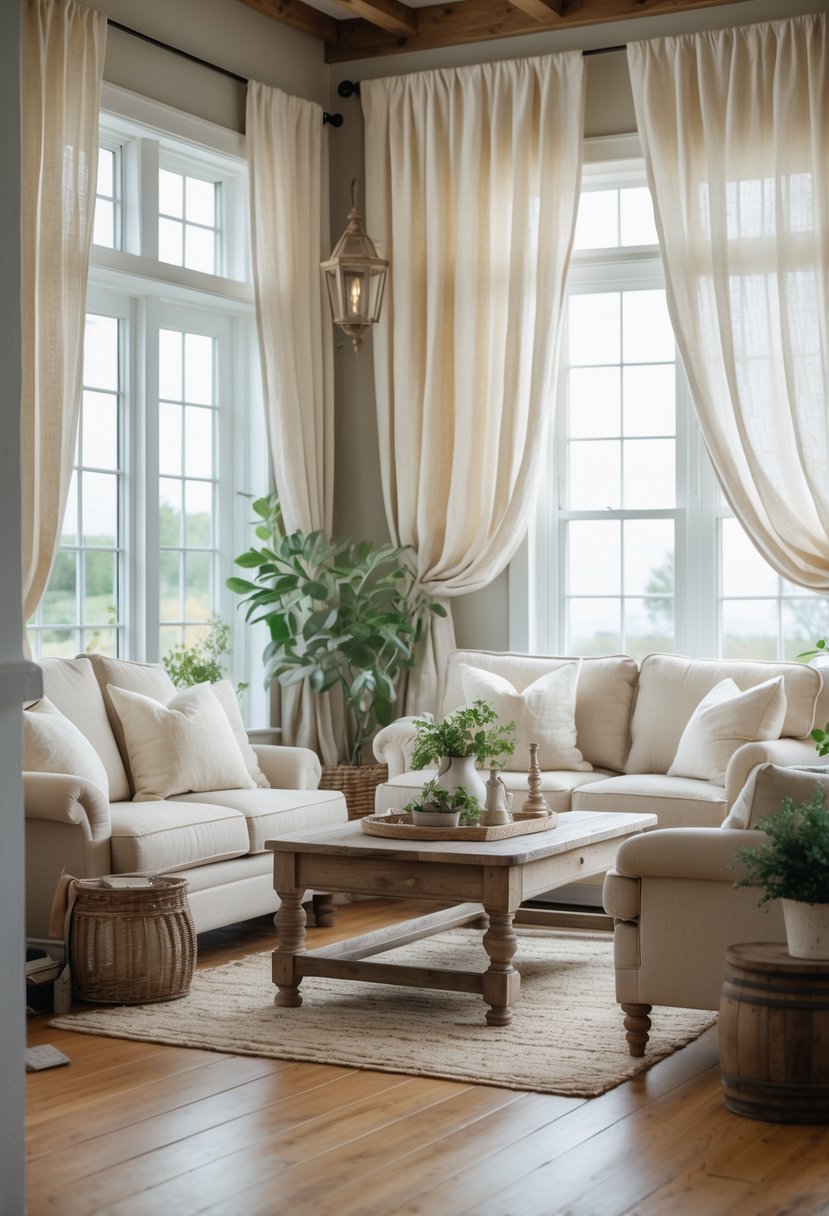 A bright living room with linen curtains hanging by large windows, a wooden coffee table, sofas, and potted plants.
