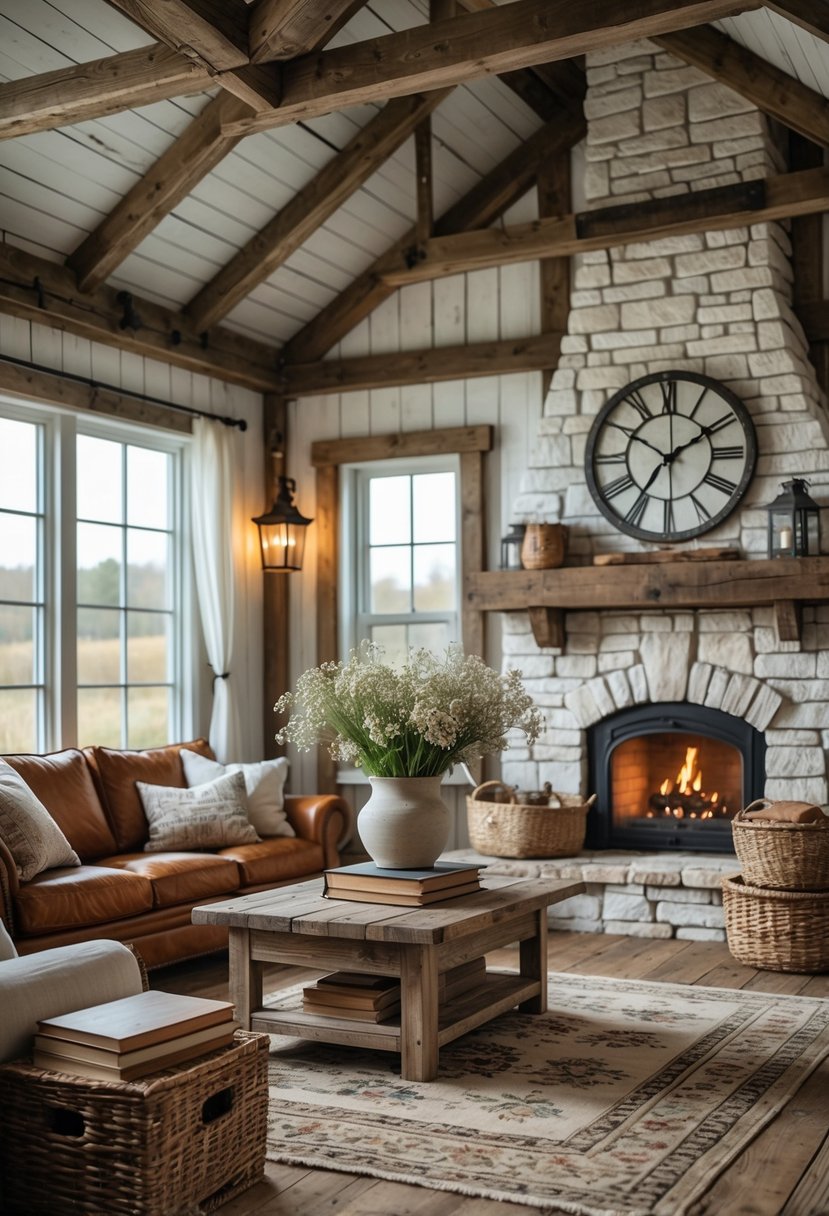 A cozy living room with a leather sofa, wooden coffee table, stone fireplace, and rustic decor.