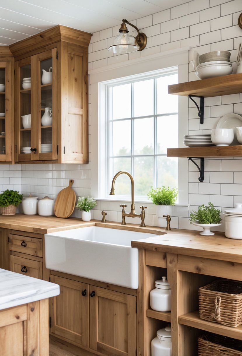 A country kitchen with a large white apron-front farmhouse sink, wooden cabinets, and natural light coming through a window.