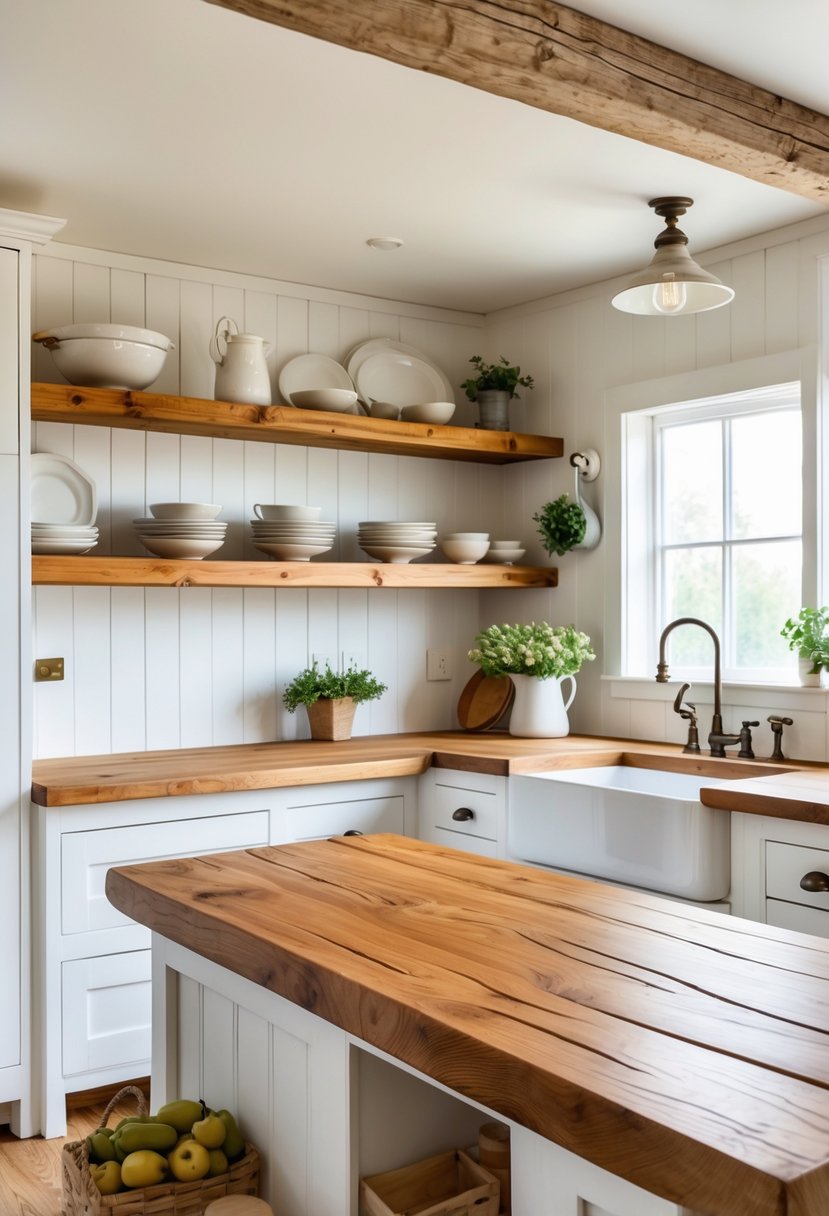 A bright farmhouse kitchen with warm wood countertops, white cabinets, and plants on the shelves.
