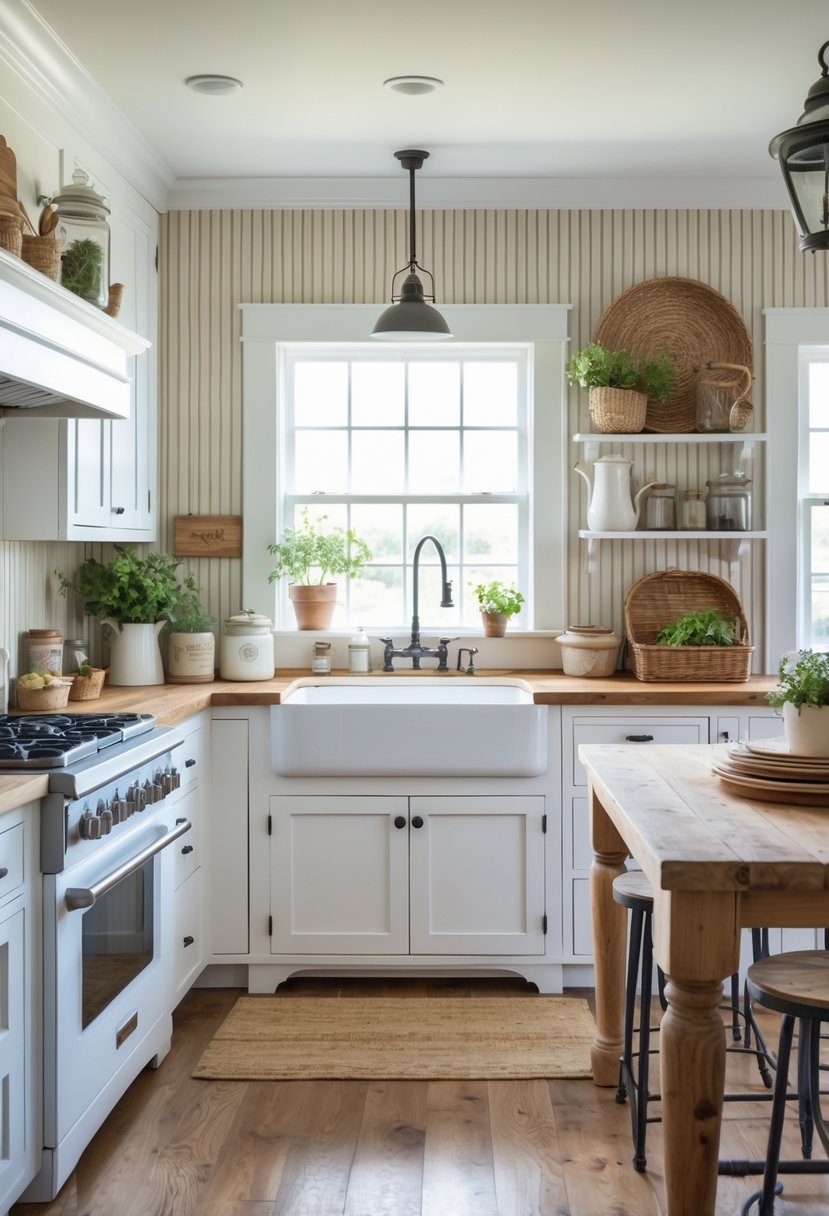 A bright country kitchen with white cabinets, a farmhouse sink, wooden countertops, and a beaded-board backsplash.