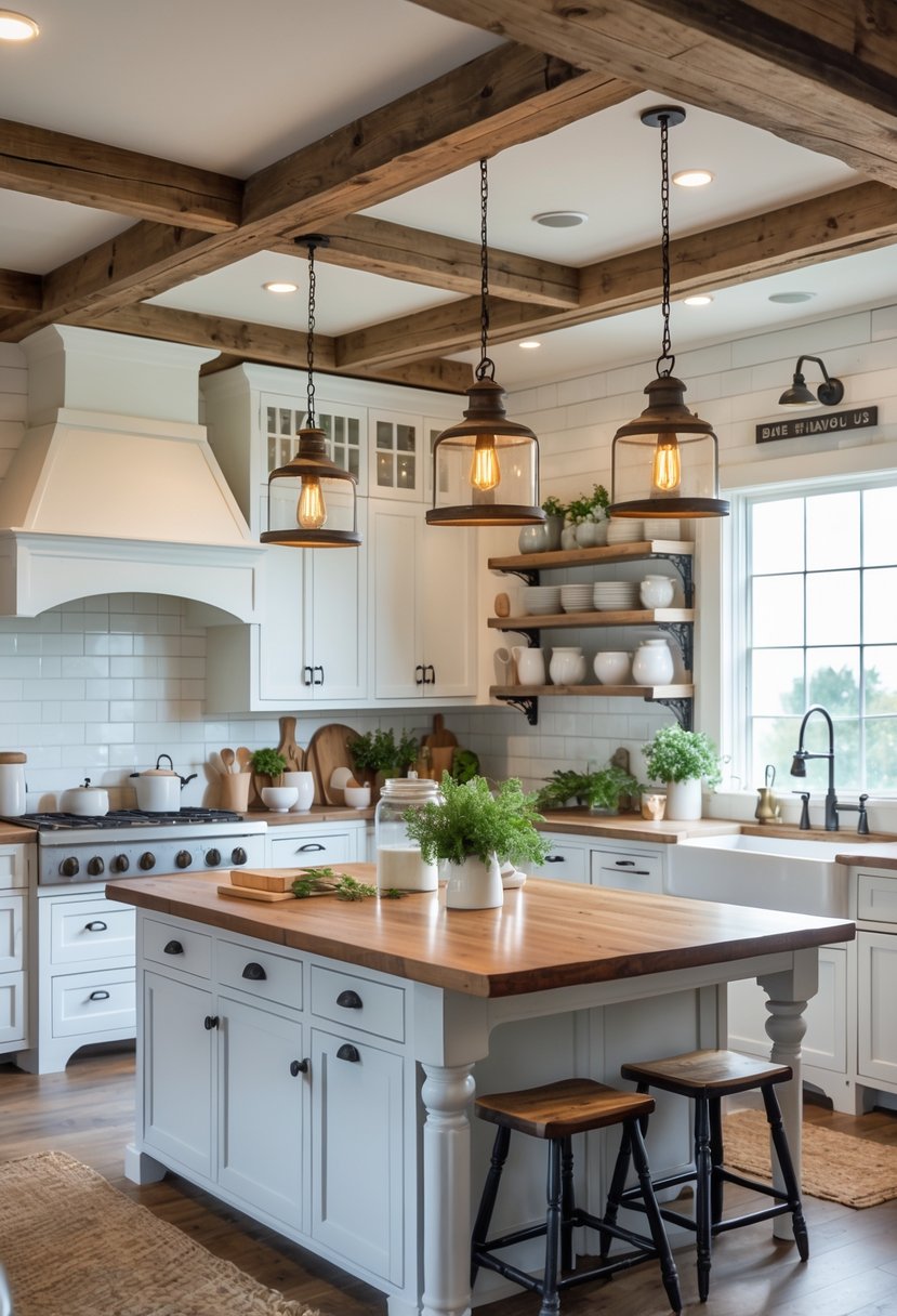 A kitchen with wooden beams, a large island, and hanging pendant lights above it.