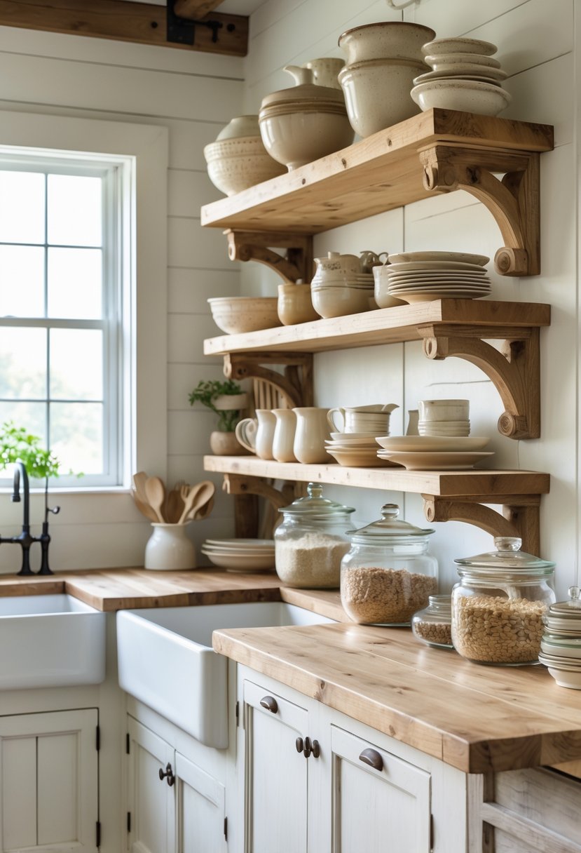 A country kitchen with open wooden shelves on corbels holding dishes and jars above a wooden countertop.