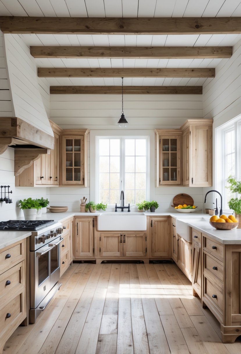 A bright kitchen with wooden cabinets, a farmhouse sink, a wooden dining table, and white shiplap walls.