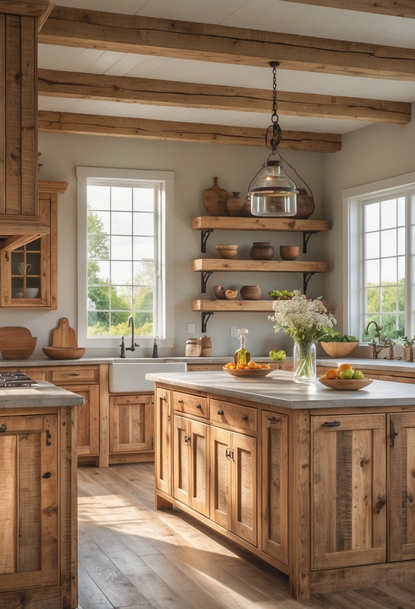 A bright kitchen with wooden cabinets, a large island, and natural light coming through the windows.