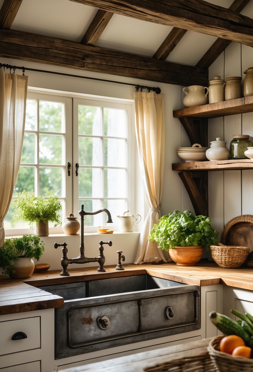A country farmhouse kitchen with a farmhouse sink, vintage metal fixtures, wooden countertops, open shelves with dishes, and a wooden dining table with vegetables.