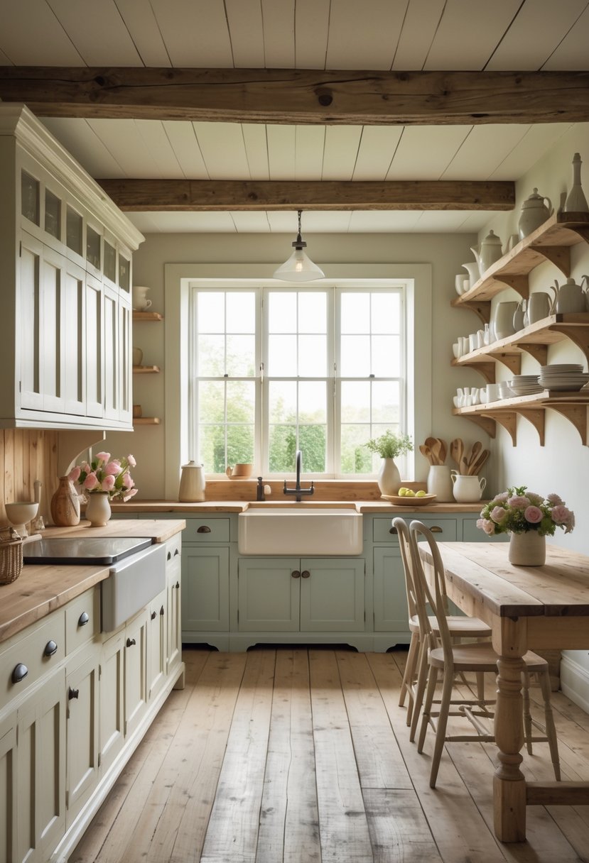 A bright kitchen with painted cabinets, a farmhouse sink, wooden countertops, and a wooden dining table with chairs.