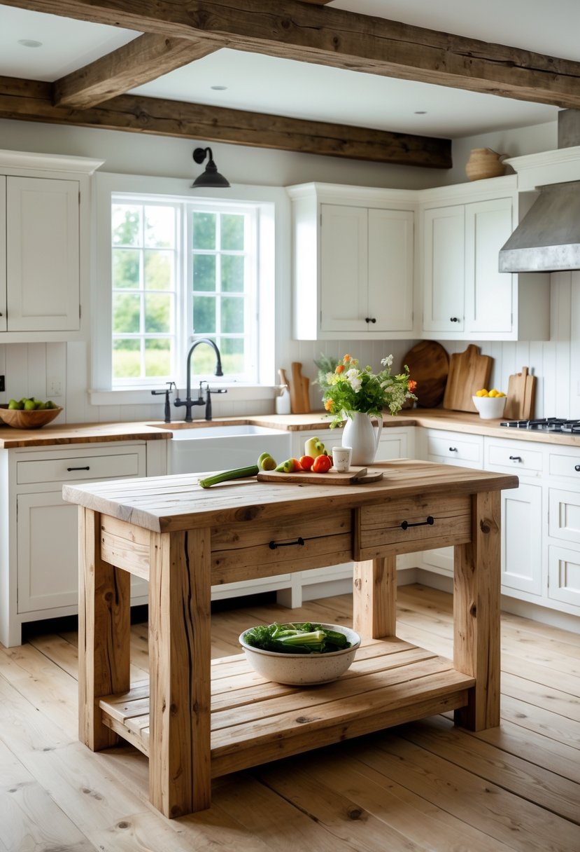 A wooden kitchen island in the center of a farmhouse kitchen with cabinets, a window, and kitchen items.