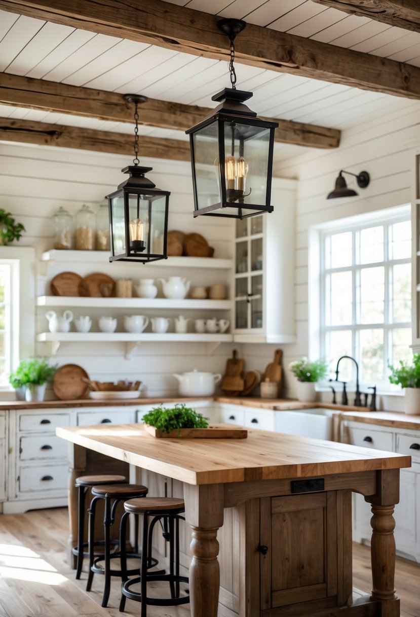 A bright kitchen with wooden island and three lantern-style pendant lights hanging above it.