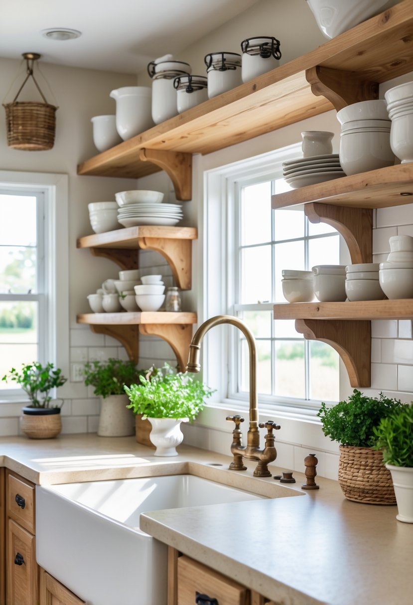 A bright kitchen with wooden open shelves holding dishes and plants, a farmhouse sink, and natural light coming through a window.