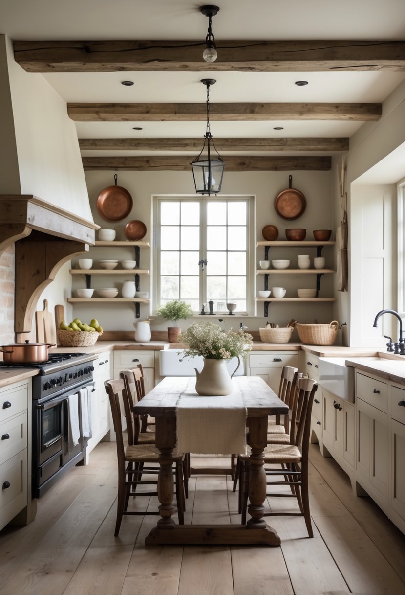 A bright country farmhouse kitchen with wooden beams, a farmhouse sink, wooden table with chairs, and rustic kitchen elements in neutral colors.