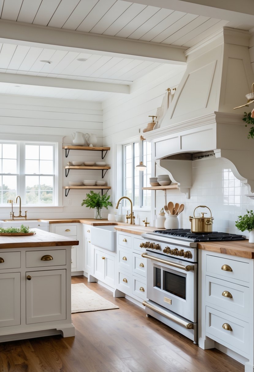 A bright kitchen with white cabinets, a wooden island, and large windows letting in natural light.
