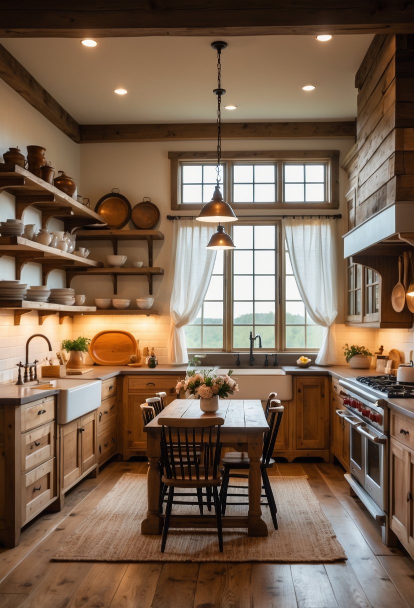 A warm and inviting country farmhouse kitchen with wooden cabinets, a farmhouse sink, a wooden dining table, and warm lighting from LED bulbs.