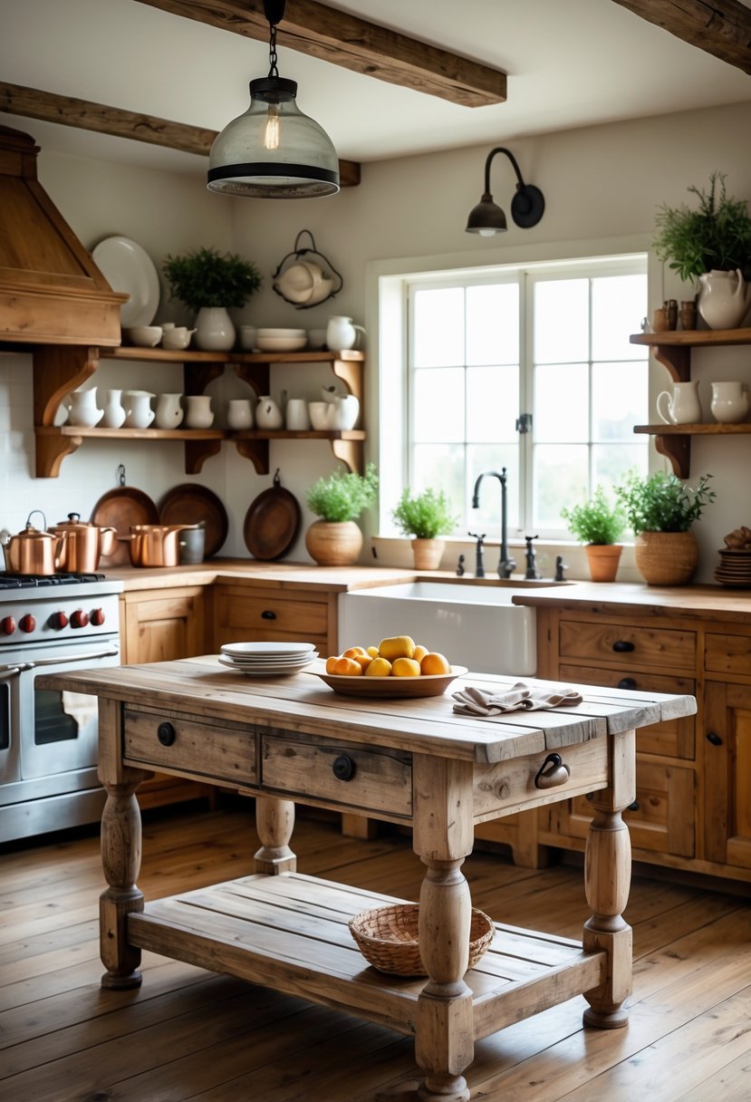 A country kitchen with a wooden table used as an island, surrounded by cabinets and kitchen items.