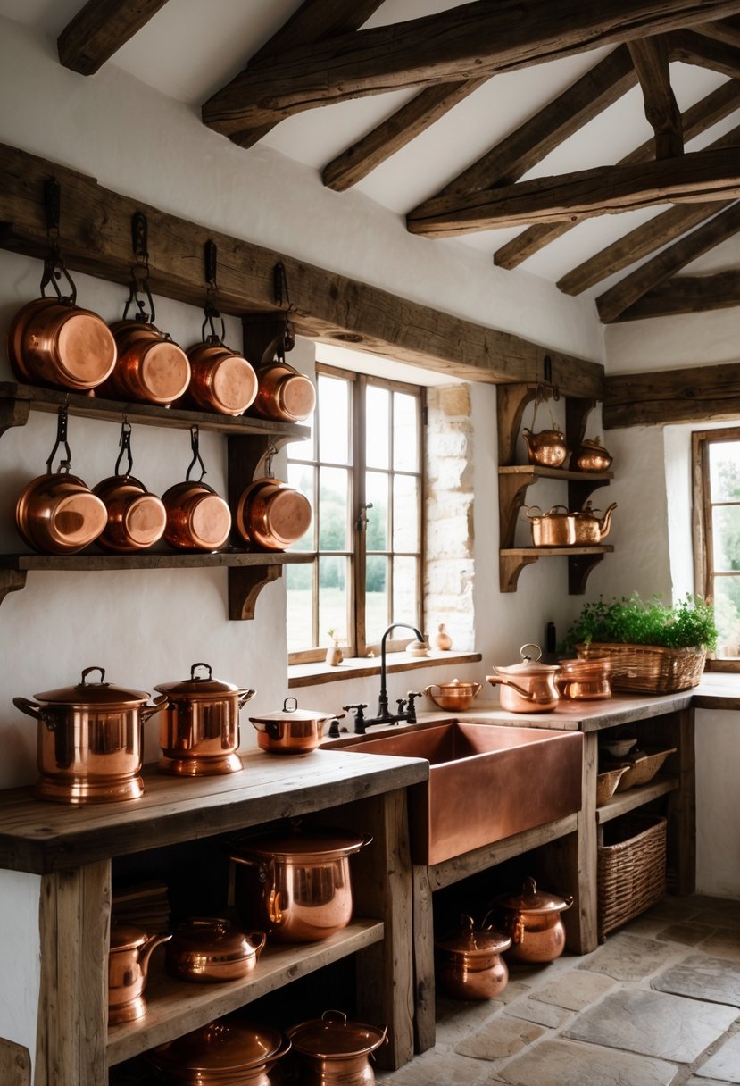 A rustic farmhouse kitchen with copper pots and pans displayed on wooden shelves and hanging racks.