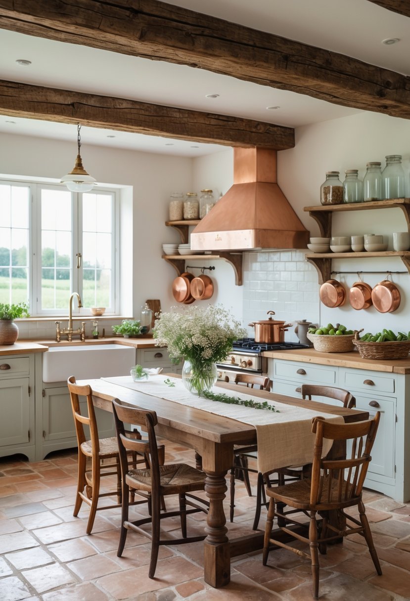 A bright and spacious kitchen with wooden beams, a farmhouse sink, open shelves with dishes, a wooden dining table with flowers, and rustic kitchen details.