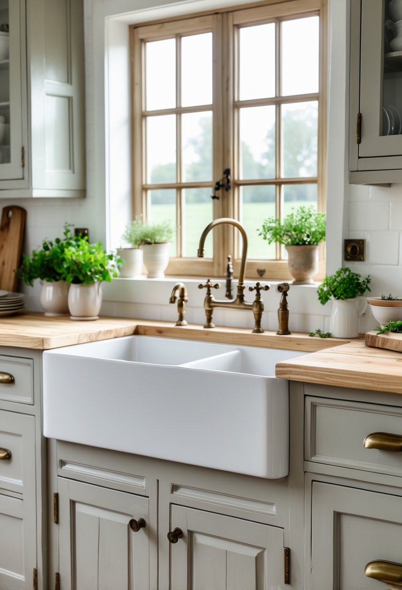 A deep white farmhouse apron sink in a rustic kitchen with wooden countertops and natural light coming through a window.