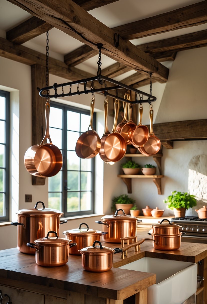 Copper cookware set displayed in a rustic farmhouse kitchen with wooden beams, white walls, and natural light.