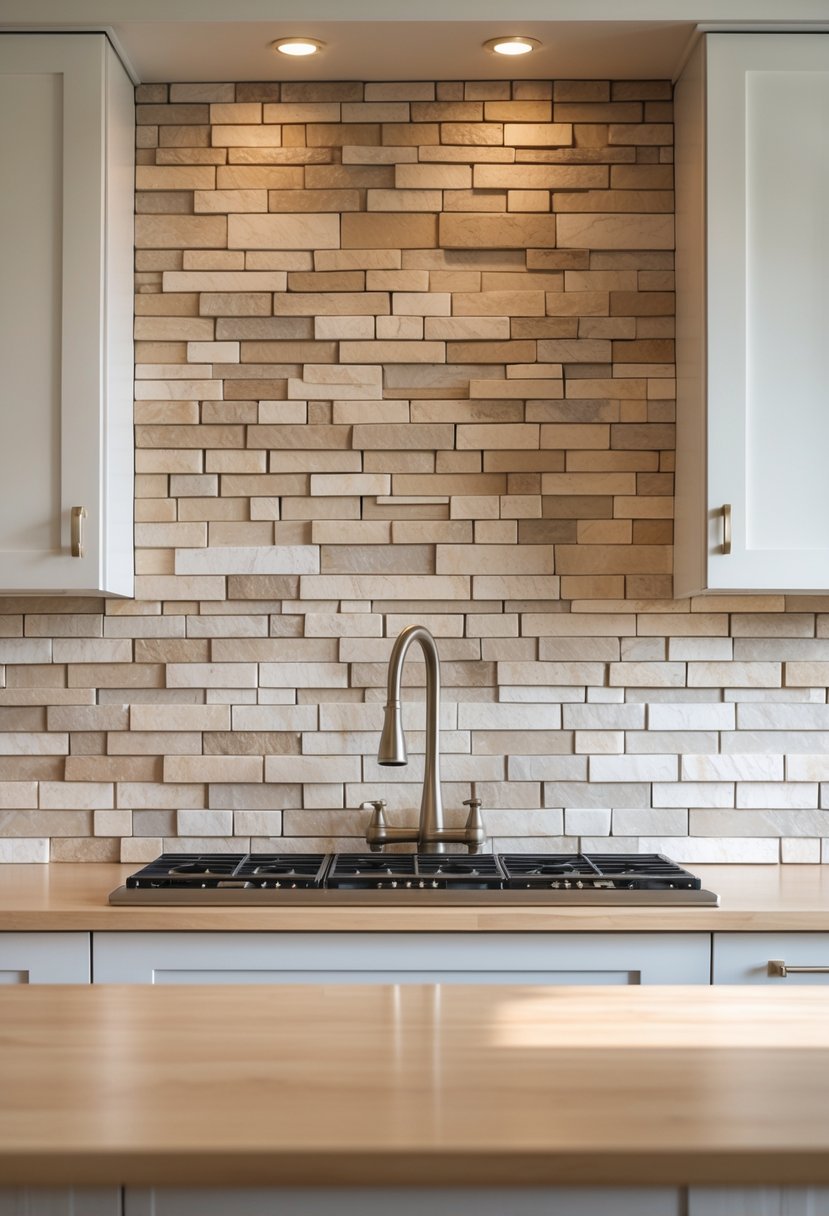 A kitchen with a stone tile backsplash in neutral colors and a light-colored countertop.