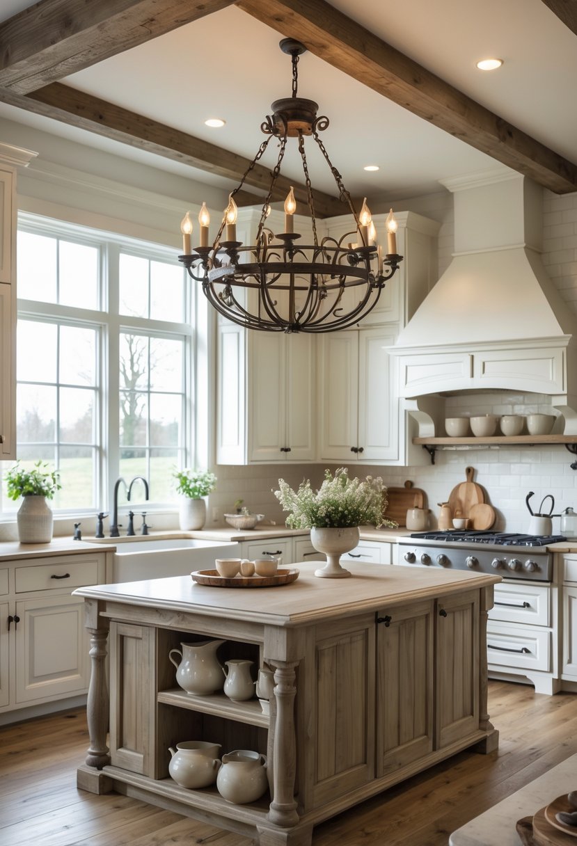 A spacious kitchen with a large wrought iron chandelier hanging above a wooden island, surrounded by white cabinets and natural light.