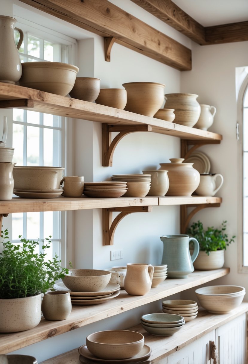 Open wooden shelves in a kitchen displaying stoneware dishes and pottery with natural light.