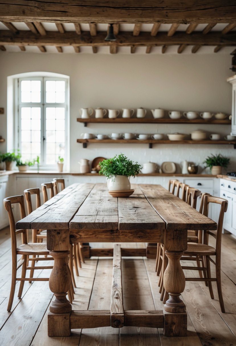 A large antique wooden dining table in a spacious kitchen with wooden chairs and natural light coming through windows.
