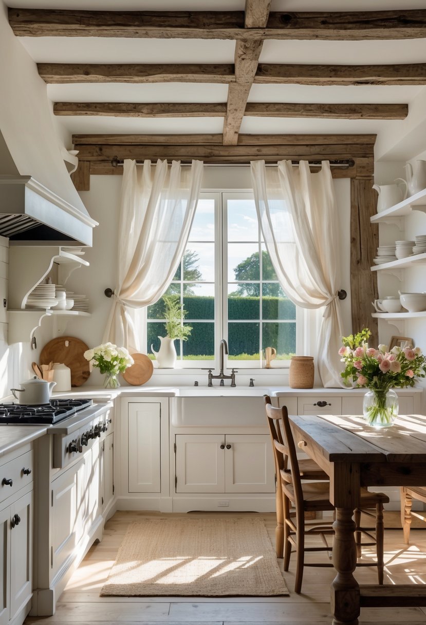 A bright French farmhouse kitchen with large windows and linen curtains fluttering gently in the breeze.