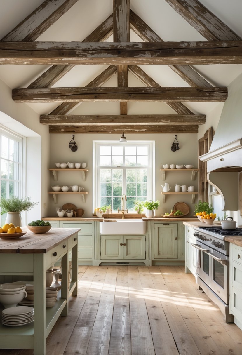 A bright kitchen with distressed wood ceiling beams, a large wooden island, and rustic cabinetry.